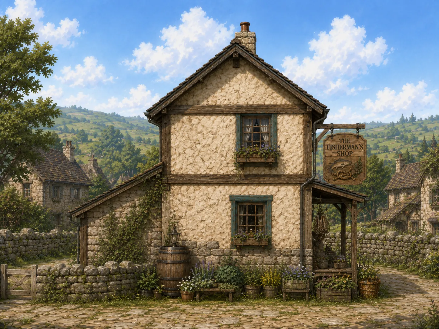 A side view of the timber-and-stone shop.