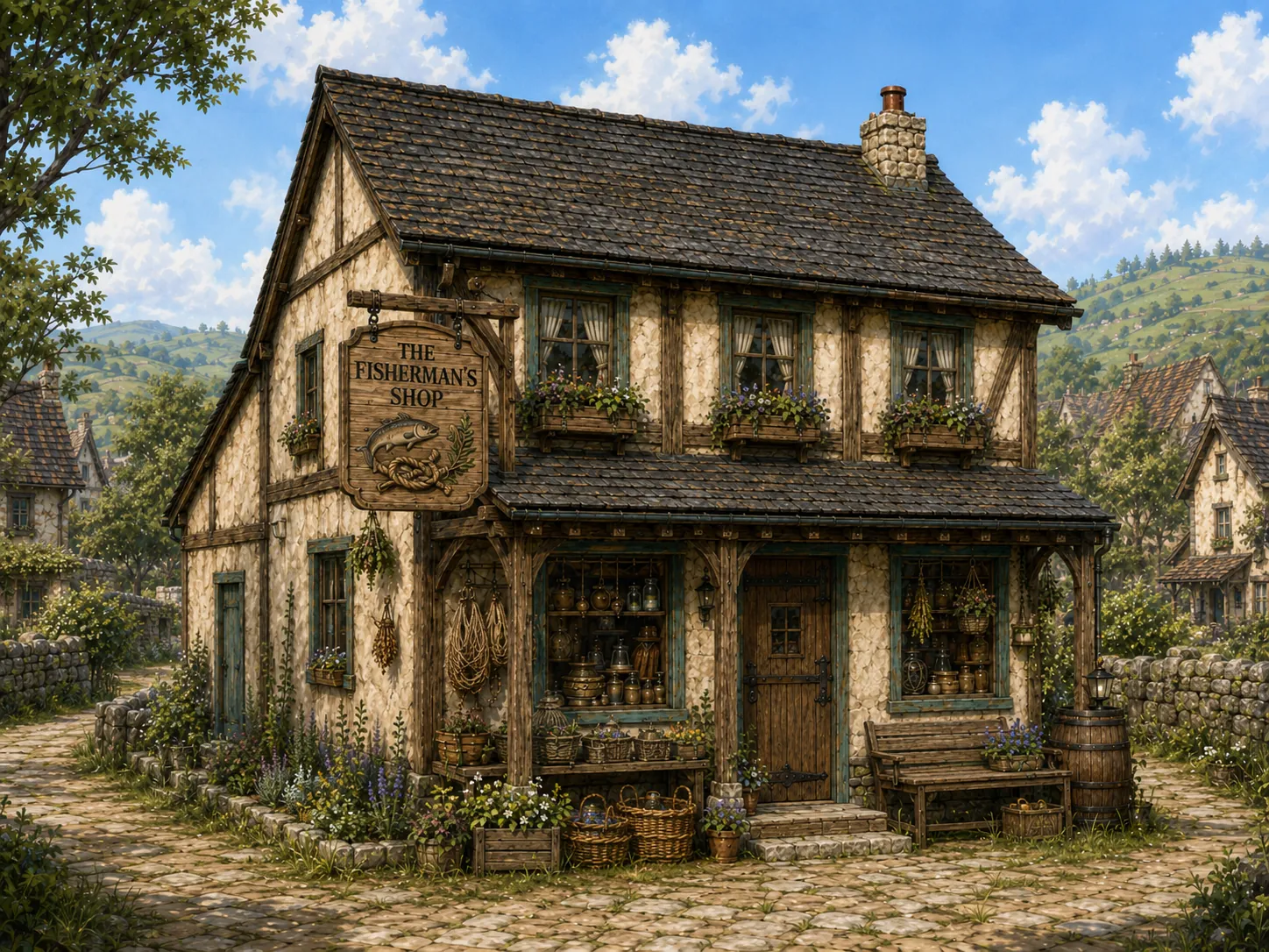The Fisherman's Shop seen from the lane, warm and settled among the frontier-town buildings.